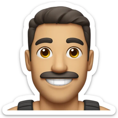 athletic middle eastern guy with a big smile and a mustache sticker
