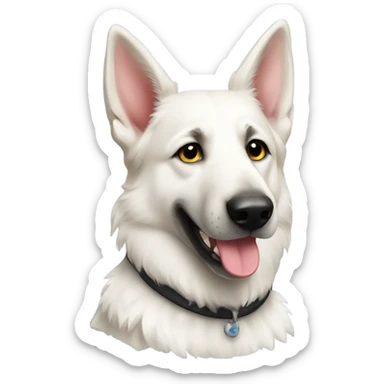 White German shepherd with a frisbee sticker