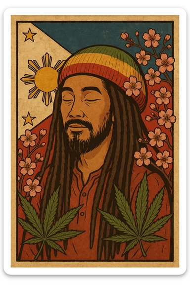 Vintage poster of an Asian Rasta with long dreadlocks, peaceful eyes, and a red-gold-green tam. Surrounded by cherry blossoms and ganja leaves. Background Asian flag. Retro reggae fusion vibe, with bold lines and aged paper texture. Philippines with the actual flag
 sticker
