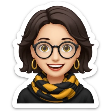 Emoji estilo WhatsApp de una mujer sonriente con rostro ovalado, piel semi oscura, ojos grandes y oscuros, cejas gruesas arqueadas, gafas grandes redondeadas, rizos voluminosos negros, bufanda colorida y expresión tierna. Colores limpios, contornos suaves y fondo transparente. sticker