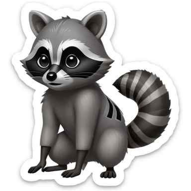 Cinematic-Raccoon-Realistic-Full-Body-Standingon all fours-Emoji – Tail flicking lazily, head tilted dramatically, thick grey fur with a signature black mask, sharp and alert ears, simplified yet realistic focused features, highly detailed, glowing with an almost sarcastic glow. sticker