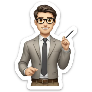Pale skinned fit man with dark brown hair in gray jacket, beige office shirt, brown tie, brown pants and vintage glasses Writing on the flipchart sticker