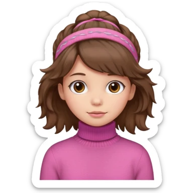 brown fluffy haired girl with pink turtleneck sweater and hair band sticker