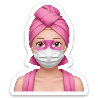 Clean girl influencer character, chest-up portrait, pink head towel, half-face facial mask, minimal self-care look, clean modern illustration sticker