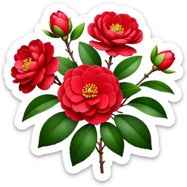 bouquet Red Camellia, luxuriant, stem, leaf, bud sticker