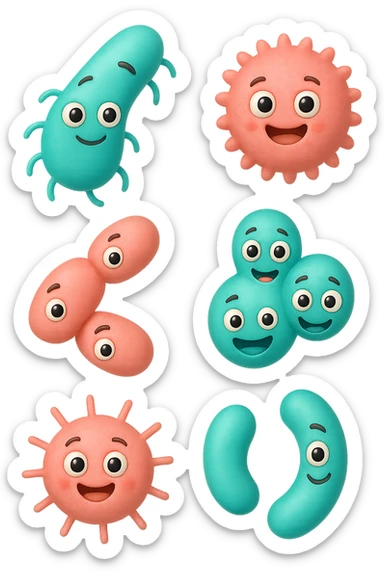 EMOJI STILE IPHONE DI 6 SPECIE DI BATTERI INTESTINALI ROSA SALMONE E TURCHESI DIVERSI TRA LORO PER FORMA, FLUTTUANO IN ARIA, IPERREALISTICO 4K sticker