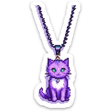 pixel art purple cat, black right eye, white pupils, crescent moon necklace sticker