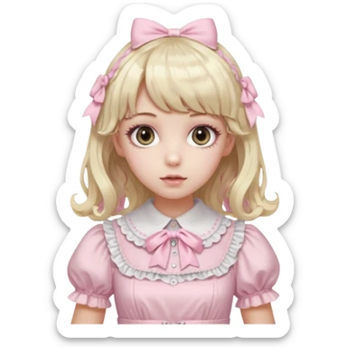pale girl , who has curly medium length blonde and baby pink swirled hair with bangs , grey eyes , and doll like makeup , in a light pink lolita hime gyaru dress emoji | AI Emoji Generator black hair sticker