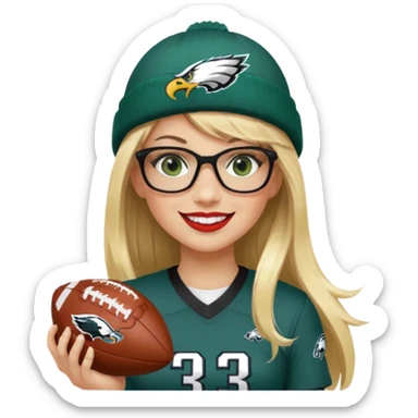 full length women wearing eagles uniform, long blonde hair, styled bangs, green eyes, black rectangle glasses, holding football, number 33, smiling, lipstick, eagles beanie sticker