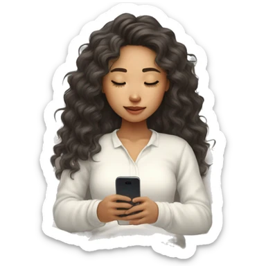 asian girl with curly long hair and white long sleeve shirt fall asleep on bed with phone in hand sticker