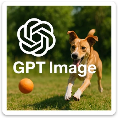  logo of chat gpt with text "GPT Image" on the background of a dog chasing ball, realistic image sticker