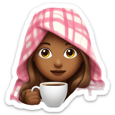 Girl wrapped up in a white pink plaid blanket with coffee  sticker