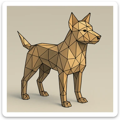 {
  "style_description": {
    "name": "Low Poly Wireframe",
    "overall_look": "Geometric abstraction with visible polygonal mesh edges and a minimal, digital aesthetic",
    "geometry": {
      "shape_type": "triangles and quadrilaterals forming faceted surfaces",
      "structure": "low-resolution polygon meshes with flat faces",
      "edge_visibility": "clear, sharp wireframe outlines around each polygon",
      "dimensionality": "3D-like forms created through flat shading and edge contours"
    },
    "linework": {
      "type": "thin or semi-bold outlines tracing all edges of the mesh",
      "style": "uniform or slightly stylized (e.g., dotted or glowing lines)",
      "color": "typically black, dark gray, or color-matched for contrast"
    },
    "color": {
      "application": "solid flat colors per polygon, without gradients",
      "palette_type": "limited, often monochromatic or with tonal variation per face",
      "highlighting": "minimal shading to emphasize surface depth without realism"
    },
    "lighting": {
      "approach": "ambient or directional lighting used sparingly to add dimension",
      "avoid": ["soft shadows", "complex reflections", "photorealism"]
    },
    "background": {
      "style": "plain or gradient backdrop to contrast mesh clarity",
      "consistency": "flat and neutral to preserve focus on wireframe structure"
    },
    "render_constraints": {
      "avoid": ["smooth surfaces", "rounded curves", "realistic textures"],
      "focus_on": ["polygon edges", "angular forms", "mesh clarity"]
    },
    "subject_treatment": {
      "representation": "simplified, stylized forms with clear geometry",
      "emphasis": "structure, volume through form and edge"
    }
  }
}

{subject} = dog sticker