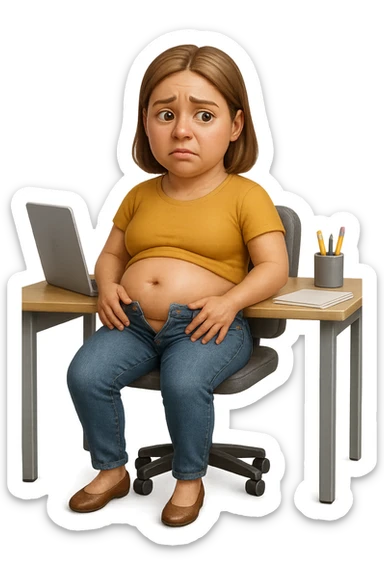 emoji stile iphone di una donna seduta alla scrivania dell'ufficio con i pantaloni sbottonati perché ha la pancia gonfia, falla a corpo intero, iperrealistico 4k sticker