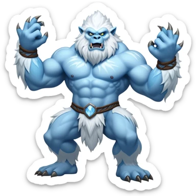 Cinematic Realistic WoW Yeti Portrait, captured in a dynamic, battle-ready stance, muscles rippling beneath dense fur of icy white and pale blue. His piercing ice-blue eyes blaze with raw power as frost clings to his form, rendered with dramatic natural lighting and high shine, exuding fierce, untamed strength in the midst of a wintry combat pose. sticker