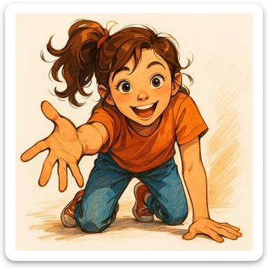 a girl crawling toward the viewer, expressive, dynamic pose, clear face, inviting gesture sticker