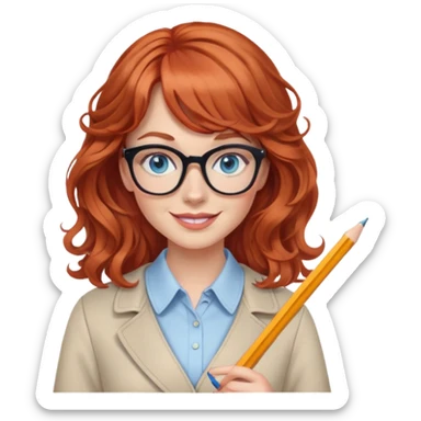 redheaded woman with wavy hair and bangs, blue eyes, glasses, chic outfit, holding a pencil, smiling sticker