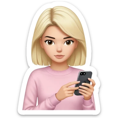 Kendall Jenner with blonde hair and a light pink sweater typing in a iphone sticker