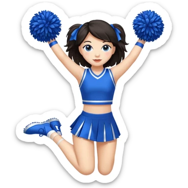 give me a full-length cheerleader with dark hair and blue pom poms sticker