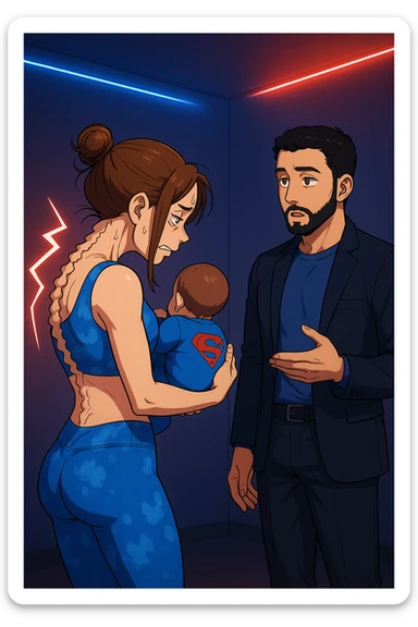 ispirati a questo stile di disegno e fai questa immagine in versione manga/webtoon a colori, il manga mostra la donna preoccupata di profilo con la postura sbagliata e incurvata, spalle chiuse e curve in avanti, con un neonato in braccio con una tutina azzurra e la scritta "S" sulla schiena, spina dorsale storta della donna in evidenza mentre ascolta l'uomo mentre l'uomo gli sta spiegando una cosa, ma non fare i fumetti, fai come se stessero parlando sticker