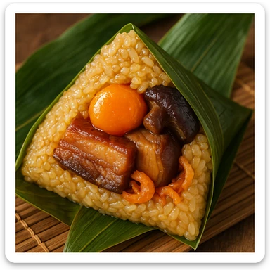 A close-up of a zongzi cut open, showing sticky rice, salted egg yolk, braised pork belly, mushroom, and dried shrimp, wrapped in green bamboo leaves, festive for Dragon Boat Festival. sticker