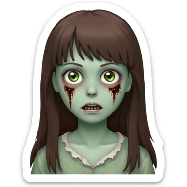 zombie girl with gray-green eyes and long brown hair with bangs sticker