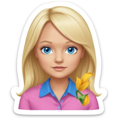 Emma Bunton with long blonde hair, blue eyes, pink shirt sticker