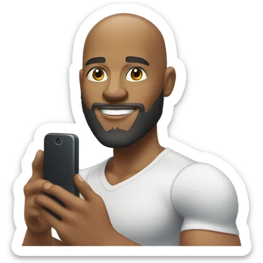  illustration of a physically fit muscular bald head light skin complexion African American man with a beard taking a selfie with a smartphone  sticker