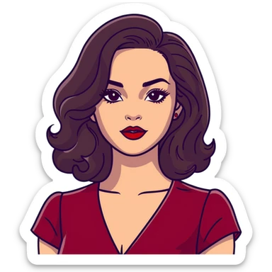 High-profile artistic woman with radiant complexion, long voluminous dark hair with soft waves, large almond eyes with bold eyeliner, defined brows, glamorous red lipstick, wearing sophisticated wine red velvet dress with V-neckline, elegant confident expression sticker
