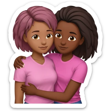 Black lesbian couple with one dark skin masculine with short hair low cut fade with a t shirt and one feminine with very long hair in a pink blouse hugging  sticker