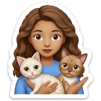 brown girl with brown eyes, wavy hair, holding a siamese cat and a white cat, emoji style sticker