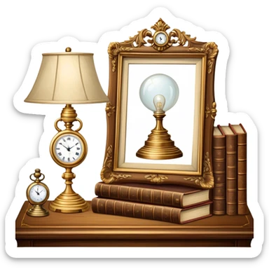 Icon for Antiques Collecting: antique furniture , a vintage pocket watch, an old ornate lamp and a porcelain figurine, all placed on a wooden antique table surrounded by aged books and a magnifying glass. The icon should evoke the elegance and history of antique collecting. Transparent background. sticker