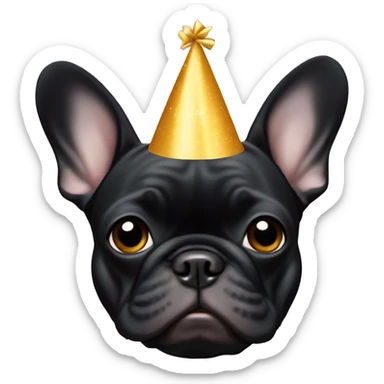 an all-black French bulldog with a white breast in a birthday cap sticker