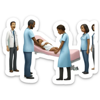 a woman gives birth and doctors stand nearby sticker