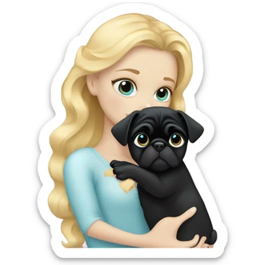 Girl with wavy blonde hair and blue eyes, kissing a black pug sticker