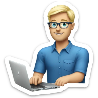 man looks 35 classes, european, tech nerd love pcb designing, blue shirt blond short hair, blue eyes with specs behind macbook on with pcb on the desk sticker