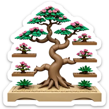 Wide Three tiered Lego bonsai planters stand, shelving nine maple specimens and several smaller azaleas, frame made of one inch thick driftwood sticker