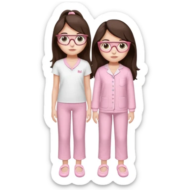 Girl age 20 years old with dark brown long hair, light skin, brown eyes, wearing a miu miu glasses the brown ones, and wearing a top in white with a pair of pyjama pants in pink and it's mocked in light pink too and a slipper in white and she looks pretty  sticker