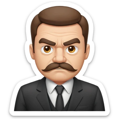 A grumpy cartoon man with a bushy mustache and angry expression, wearing a business suit sticker