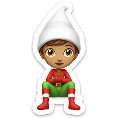 Girl with  brown short hair in red elf hat in a sitting position holding her knees ￼ sticker
