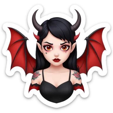 Demon girl, entire skin solid red, black hair, horns, bat wing, black dress, tattoo-flash comic. sticker