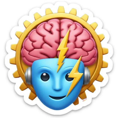 modern minimalistic emoji-style icon combining a brain, a gear, and a lightning bolt, symbolizing quick smart inspiring digital meeting about AI and productivity tools, clean colorful expressive emoji logo for recurring tech session sticker