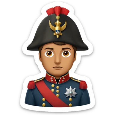 Cinematic Realistic Napoleon Bonaparte Portrait Emoji, depicted as a commanding military leader with a determined gaze and iconic bicorne hat, rendered with dramatic textures and bold historical lighting that captures his imperial legacy. sticker