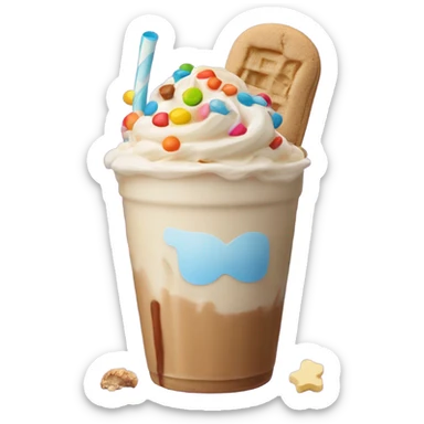 a peanut butter and banana flavored milkshake topped with reese’s pieces, a toffee covered marshmallow, a boxing glove made of white chocolate, and a peanut butter cookie sticker