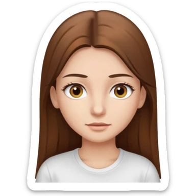 Chica de pelo liso ,largo y marrón con ojos color marrón claro y una camiseta blanca y la piel blanca con pestañas sticker