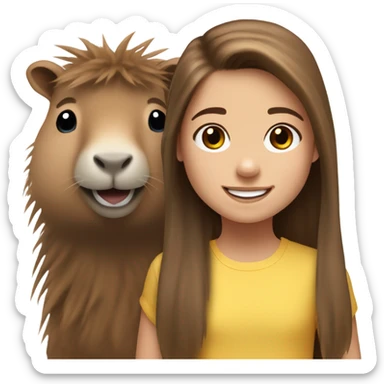 happy 10-year-old white girl with long brown hair kind of messy hair, smiling next to capybara sticker
