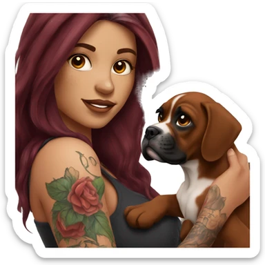 Beautiful tattooed  burgundy long haired woman holding a boxer puppy sticker