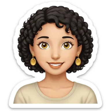Girl showing happiness, medium skin tone, short curly black hair, gold earrings, hazel eyes sticker