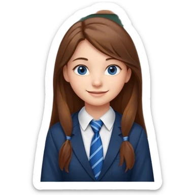 high school class room with a pretty female high school student with long brown hair, blue eyes, wearing a tie, sitting in front of the blackboard sticker