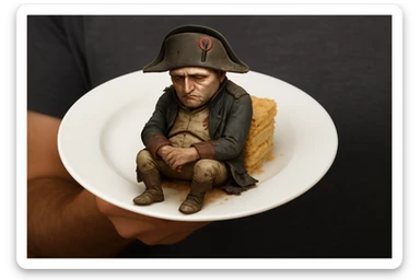 Сгенерируй мне такую же тарелку, в таком же расположение, но на ней сидит грустный наполеон бонапарт в чуть рваной одежде, как будто он повержен sticker